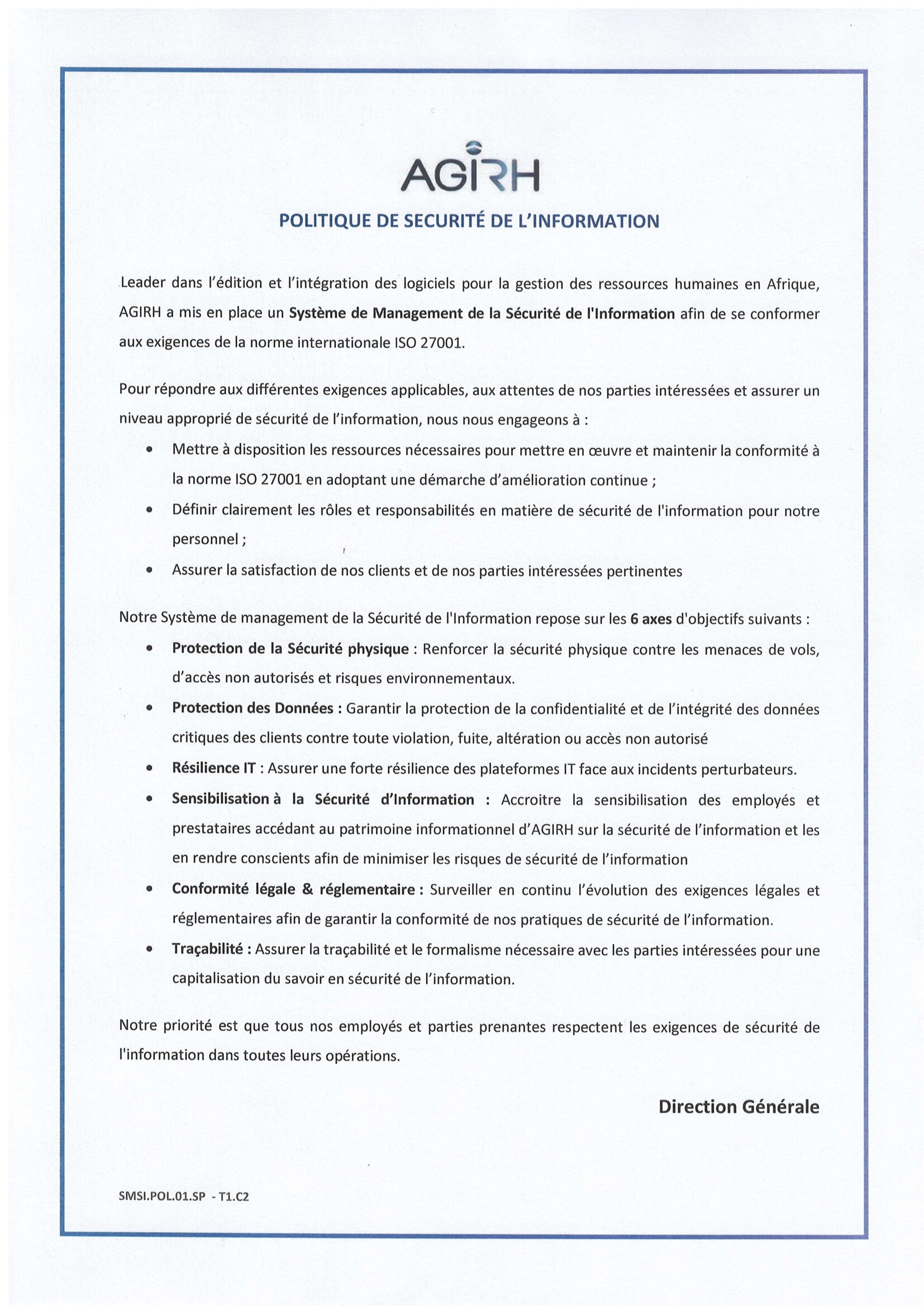 Politique de sécurité de l’information - AGIRH